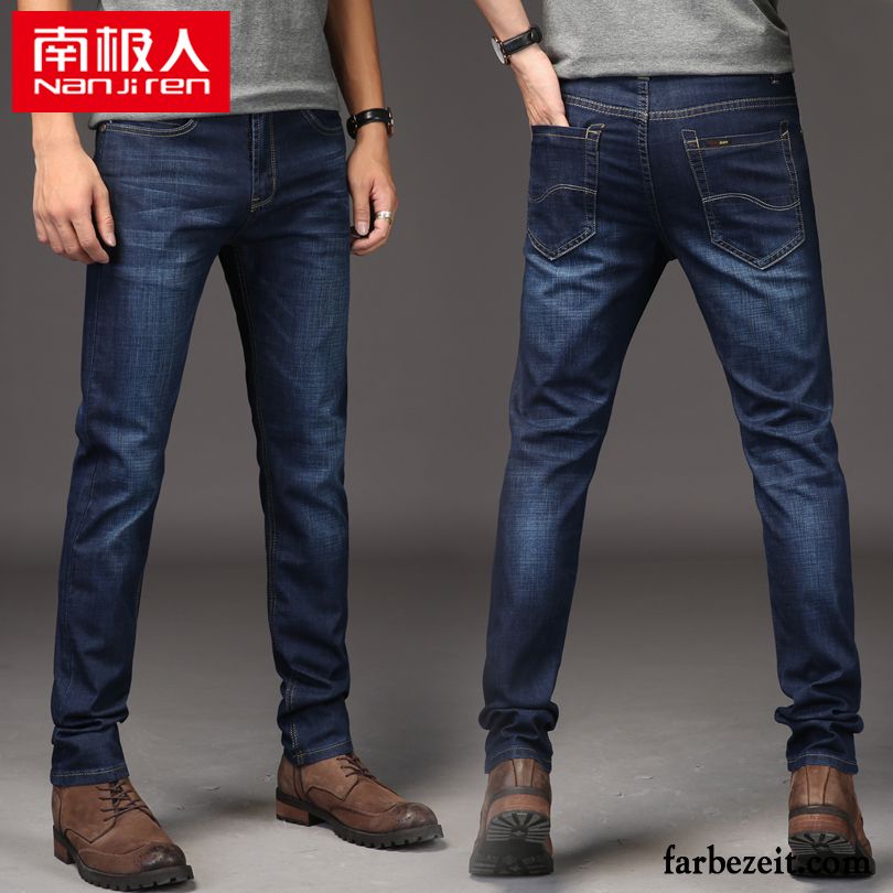 Dunkelblaue Jeans Herren Jeans Hose Sommer Blau Elastisch Große Größe Feder Lange Schlank Gerade Sale