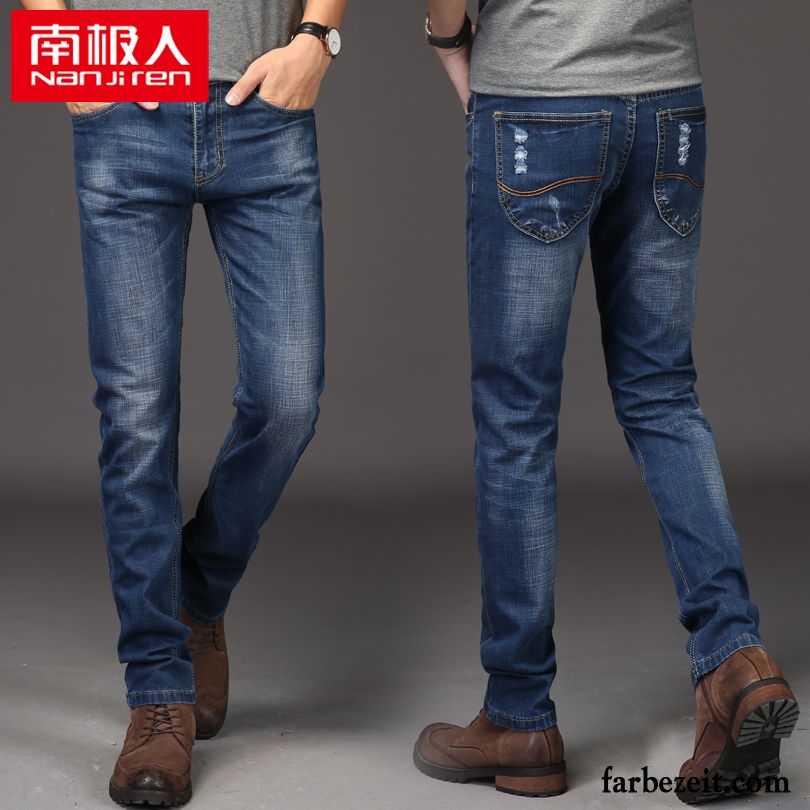 Dunkelblaue Jeans Herren Jeans Hose Sommer Blau Elastisch Große Größe Feder Lange Schlank Gerade Sale