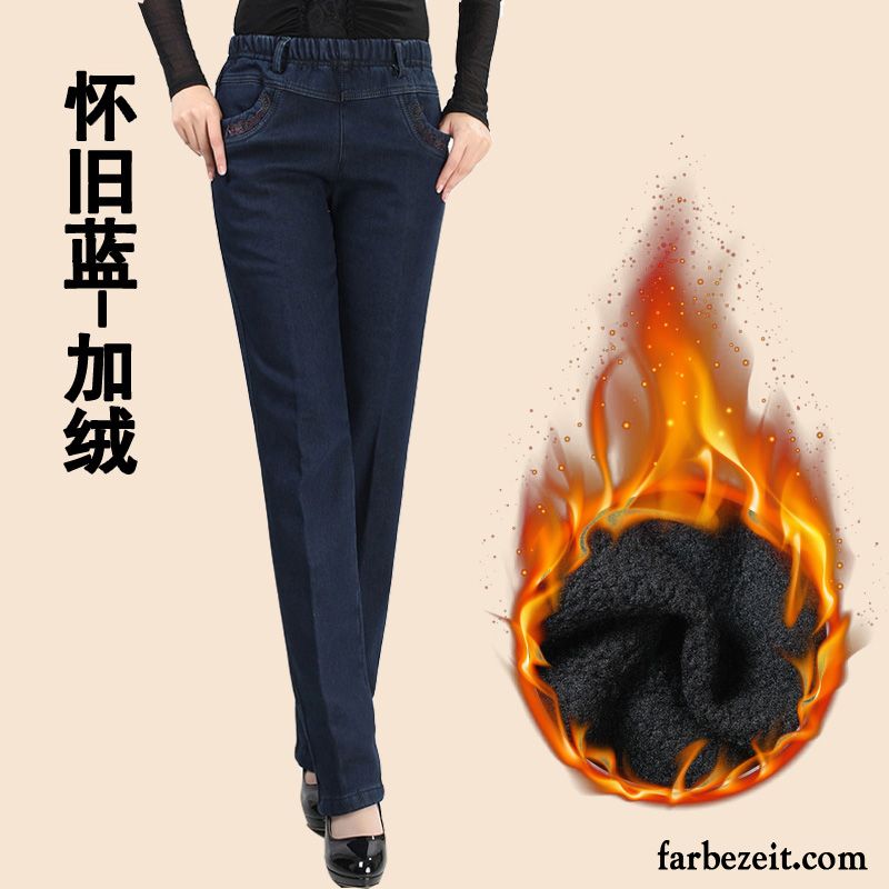 Dunkelgraue Jeans Damen Hose Jeans Gerade Baumwolle Winter Elastisch Plus Samt Hohe Taille Verdickung Günstig