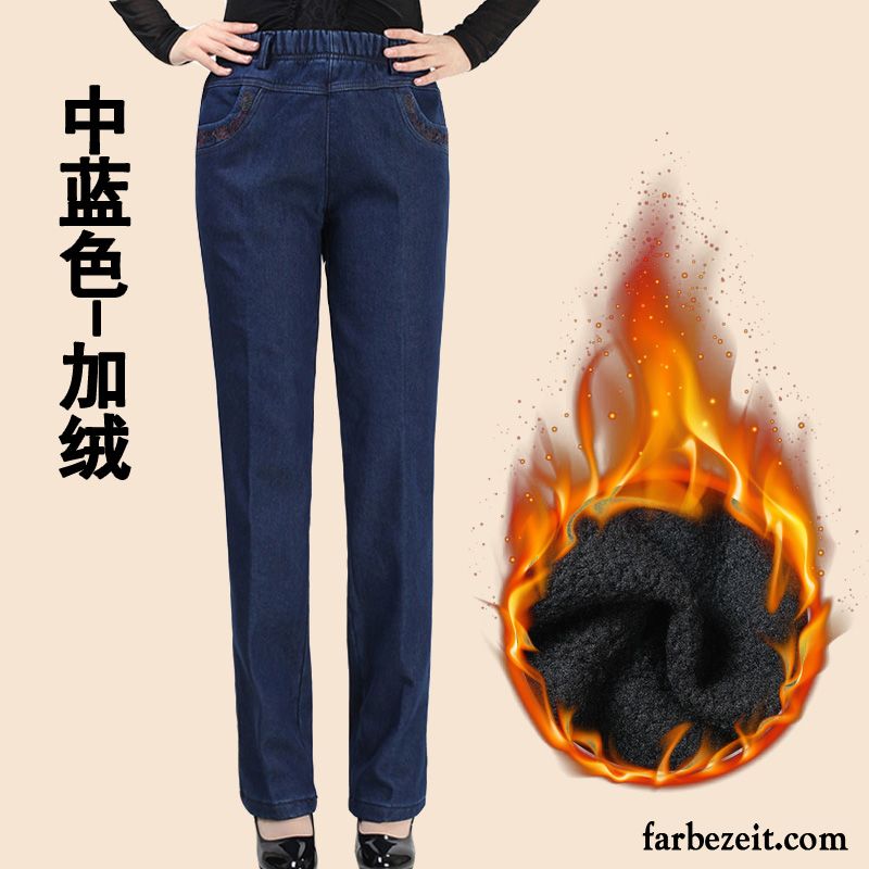 Dunkelgraue Jeans Damen Hose Jeans Gerade Baumwolle Winter Elastisch Plus Samt Hohe Taille Verdickung Günstig