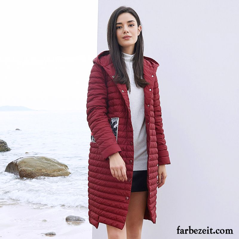 Dünne Daunenjacke Damen Drucken Rote Einreihige Taste Mode Daunenjacke Licht Langer Abschnitt Winter Rabatt