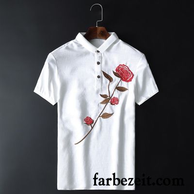 Extravagante T Shirts Herren Revers Rose Blume Chinesischer Stil Schlank Stickerei Dünn Günstig