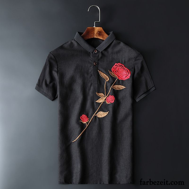 Extravagante T Shirts Herren Revers Rose Blume Chinesischer Stil Schlank Stickerei Dünn Günstig