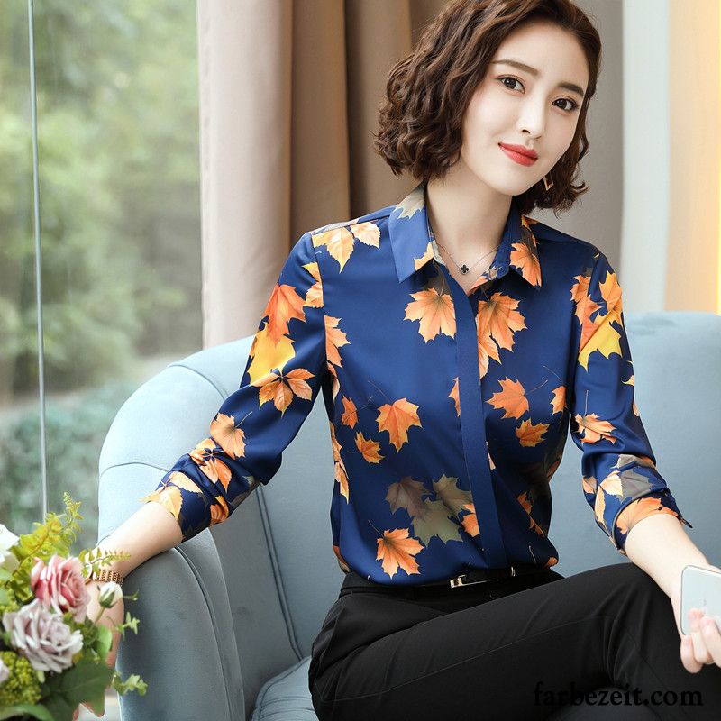 Festliche Blusen Und Tops Lange Ärmel Neue Blume Drucken Große Größe Mantel Blau Sommer Damen Retro Blusen Schlank Billig