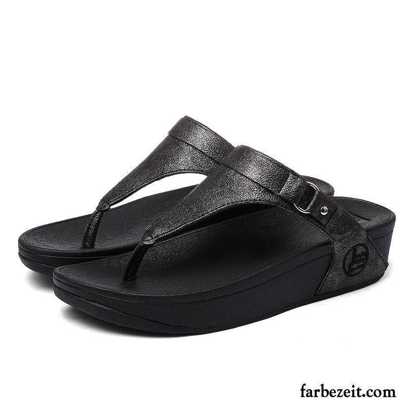 Flip Flops Damen Dicke Sohle Mode Hausschuhe Sommer Keilschuhe Gemütlich Dunkelblau Sandfarben