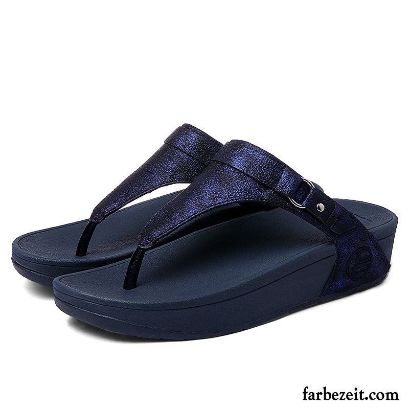 Flip Flops Damen Dicke Sohle Mode Hausschuhe Sommer Keilschuhe Gemütlich Dunkelblau Sandfarben