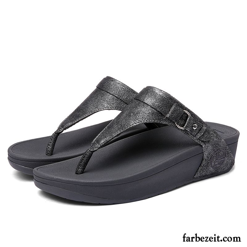 Flip Flops Damen Dicke Sohle Mode Hausschuhe Sommer Keilschuhe Gemütlich Dunkelblau Sandfarben