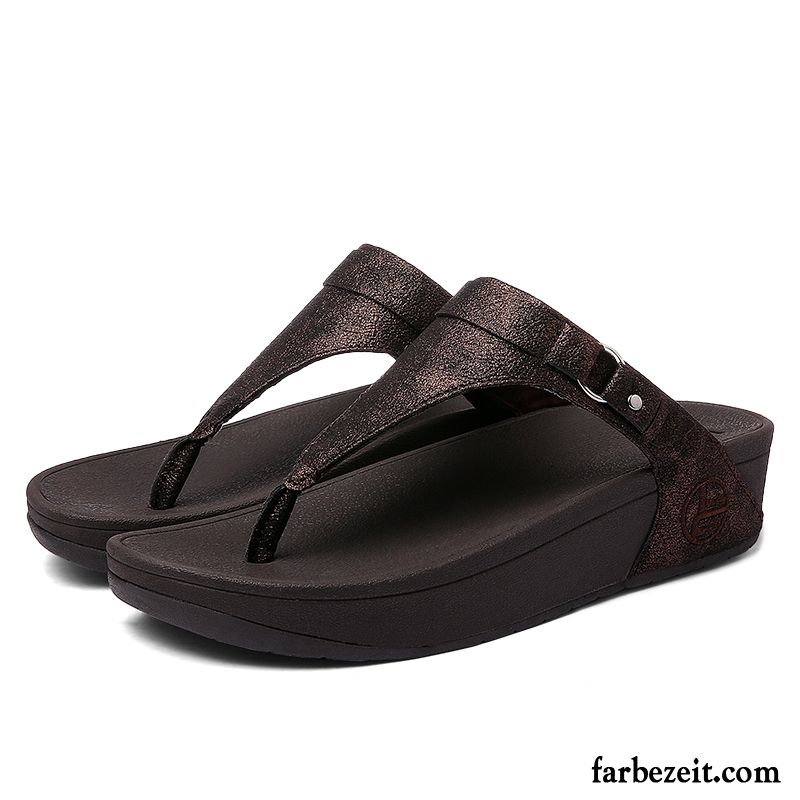 Flip Flops Damen Dicke Sohle Mode Hausschuhe Sommer Keilschuhe Gemütlich Dunkelblau Sandfarben