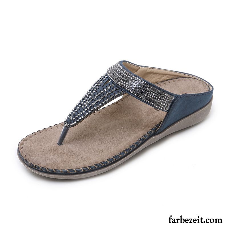 Flip Flops Damen Gemütlich Rutschsicher Schuhe Pantolette Flache Weiche Sohle Sandfarben Blau