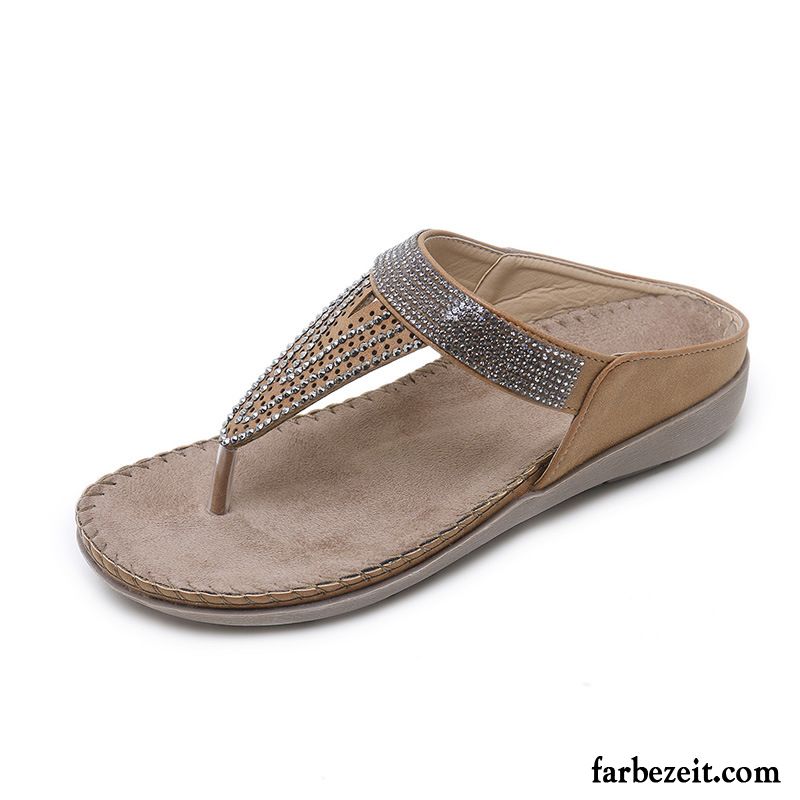 Flip Flops Damen Gemütlich Rutschsicher Schuhe Pantolette Flache Weiche Sohle Sandfarben Blau