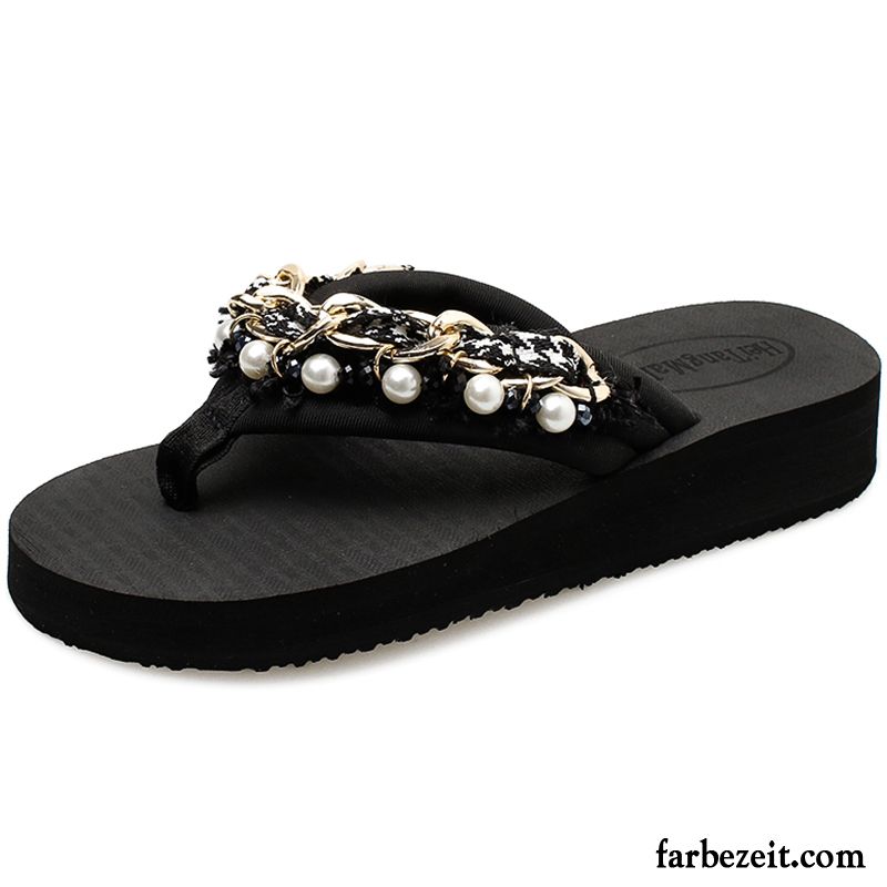 Flip Flops Damen Hausschuhe Neue Perle Sommer Mode Dicke Sohle Sandfarben Schwarz