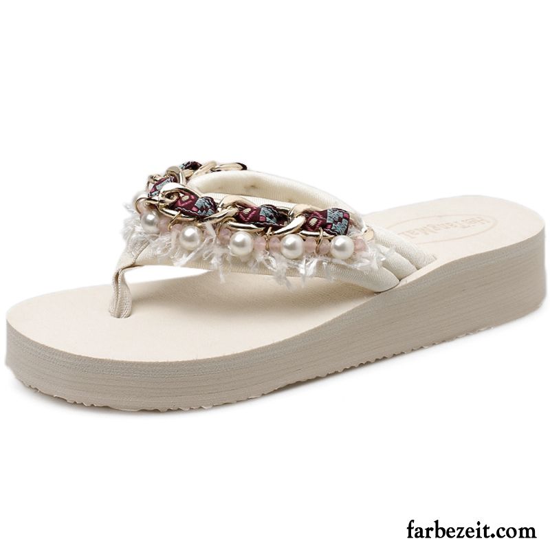 Flip Flops Damen Hausschuhe Neue Perle Sommer Mode Dicke Sohle Sandfarben Schwarz