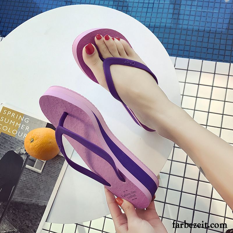 Flip Flops Damen Keilschuhe Sommer Rutschsicher Hochhackigen Pantolette Dicke Sohle Sandfarben Purpur Lila