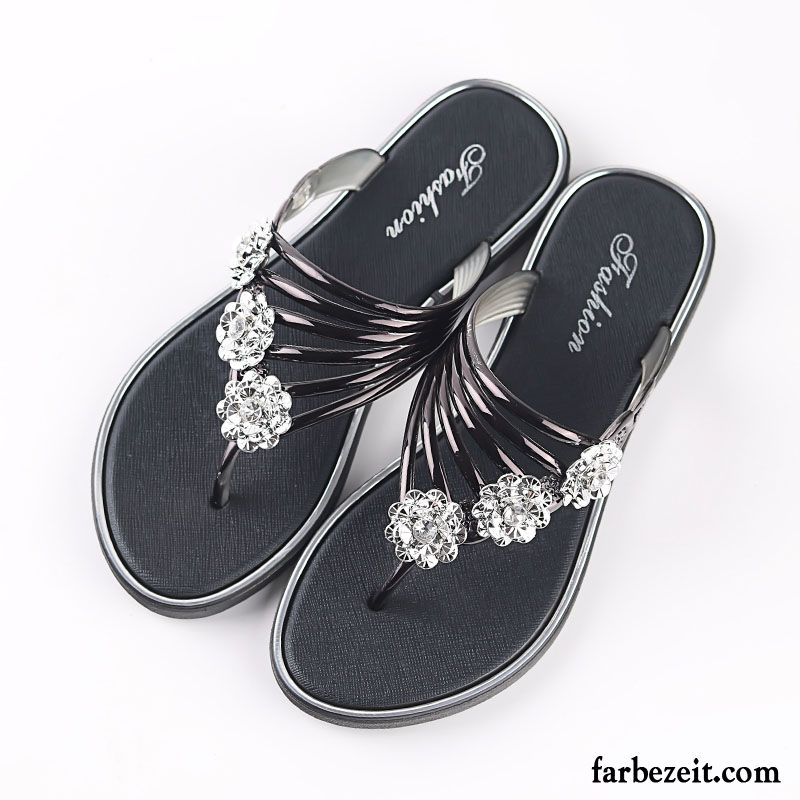 Flip Flops Damen Sommer Hausschuhe Flache Strasssteine Gemütlich Mode Schwarz