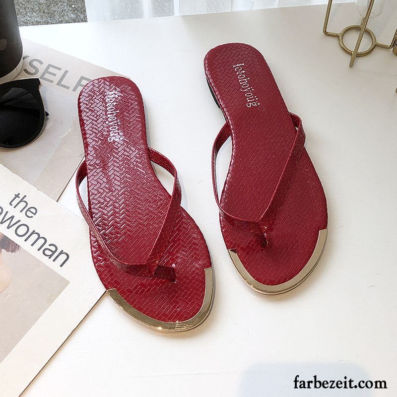 Flip Flops Damen Sommer Neue Allgleiches Schuhe Pantolette Flache Sandfarben Rot