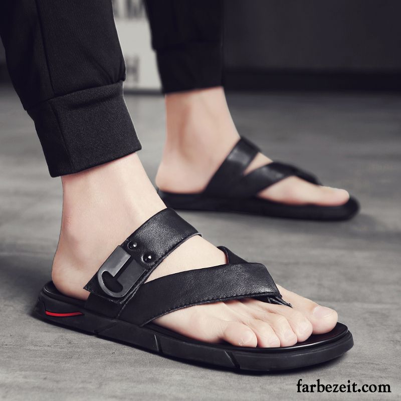 Flip Flops Herren Echtleder Hausschuhe Atmungsaktiv Trend Sommer Sandalen Sandfarben Schwarz