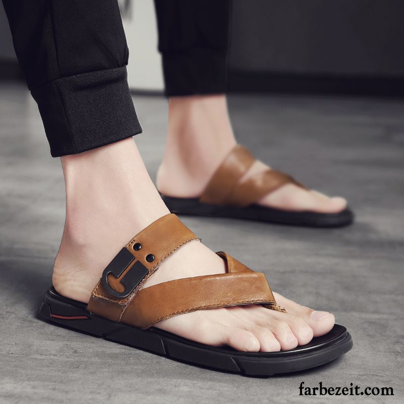 Flip Flops Herren Echtleder Hausschuhe Atmungsaktiv Trend Sommer Sandalen Sandfarben Schwarz