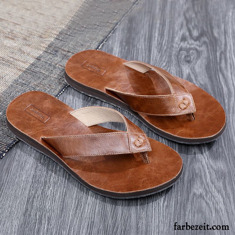 Flip Flops Herren Leder Sandalen Hausschuhe Rutschsicher Sommer Echtleder Sandfarben Braun