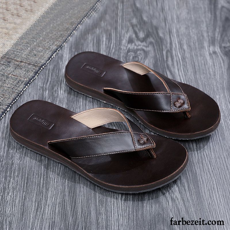 Flip Flops Herren Leder Sandalen Hausschuhe Rutschsicher Sommer Echtleder Sandfarben Braun