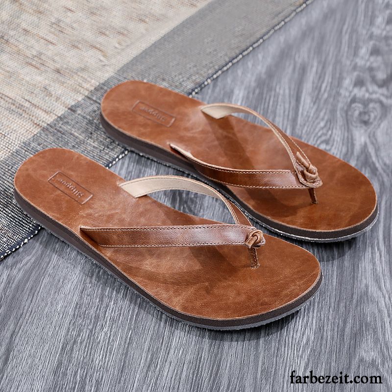 Flip Flops Herren Leder Sandalen Hausschuhe Rutschsicher Sommer Echtleder Sandfarben Braun