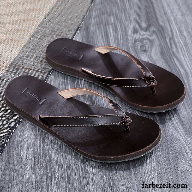 Flip Flops Herren Leder Sandalen Hausschuhe Rutschsicher Sommer Echtleder Sandfarben Braun