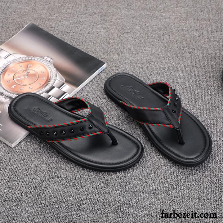 Flip Flops Herren Lederschue Sommer Trend Draussen Echtleder Weiß Schwarz Rot