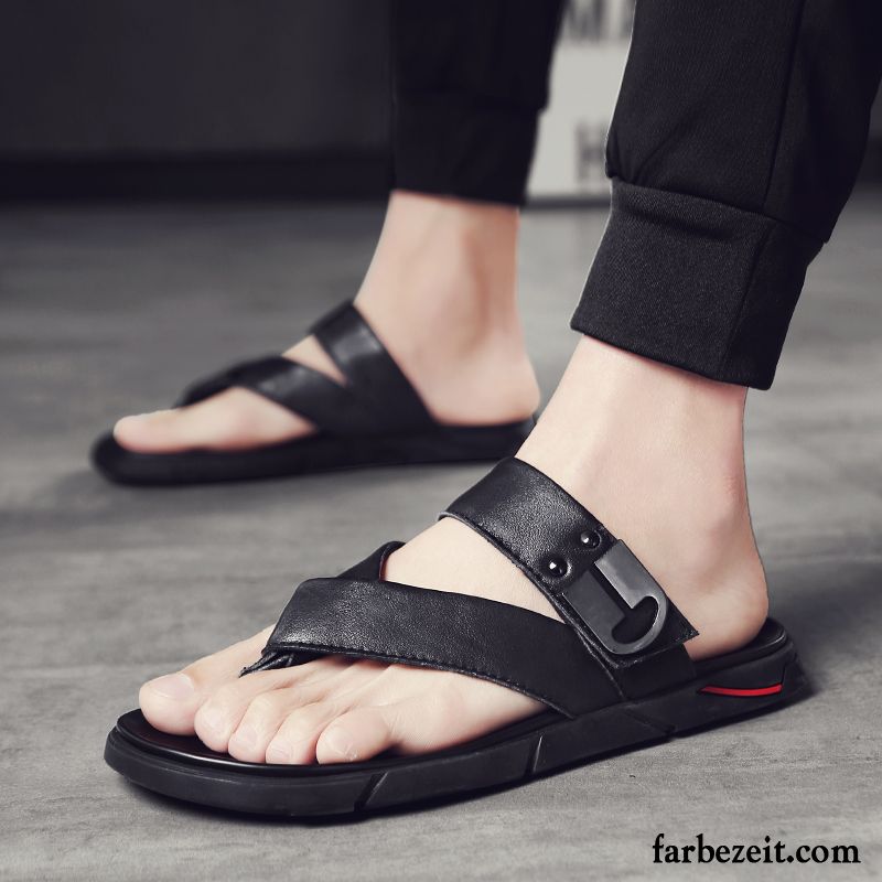 Flip Flops Herren Neue Trend Allgleiches Sommer Leder Echtleder Schwarz