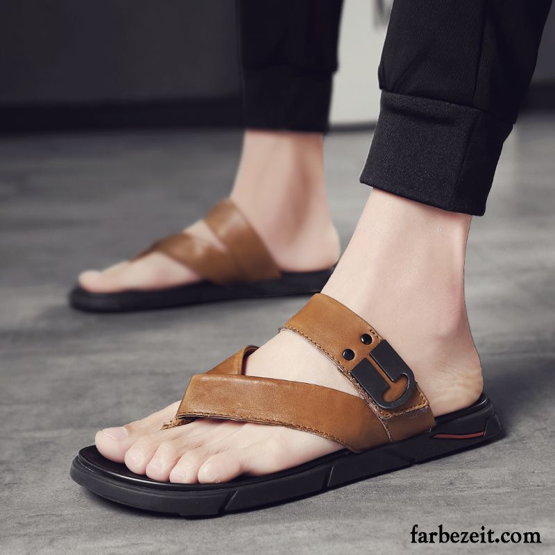 Flip Flops Herren Neue Trend Allgleiches Sommer Leder Echtleder Schwarz