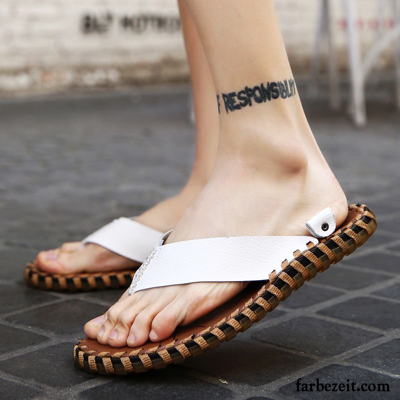 Flip Flops Herren Pantolette Sommer Sandalen Echtleder Schuhe Rutschsicher Sandfarben Schwarz