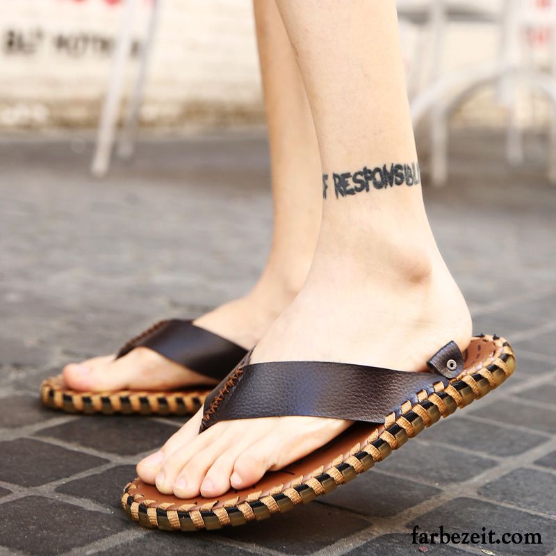 Flip Flops Herren Pantolette Sommer Sandalen Echtleder Schuhe Rutschsicher Sandfarben Schwarz