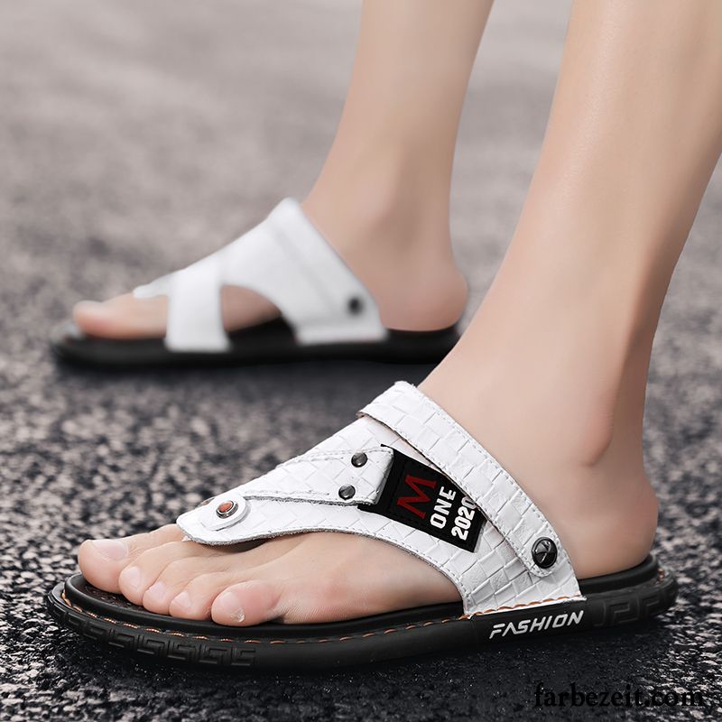 Flip Flops Herren Rutschsicher Echtleder Sommer Hausschuhe Sandalen Persönlichkeit Weiß