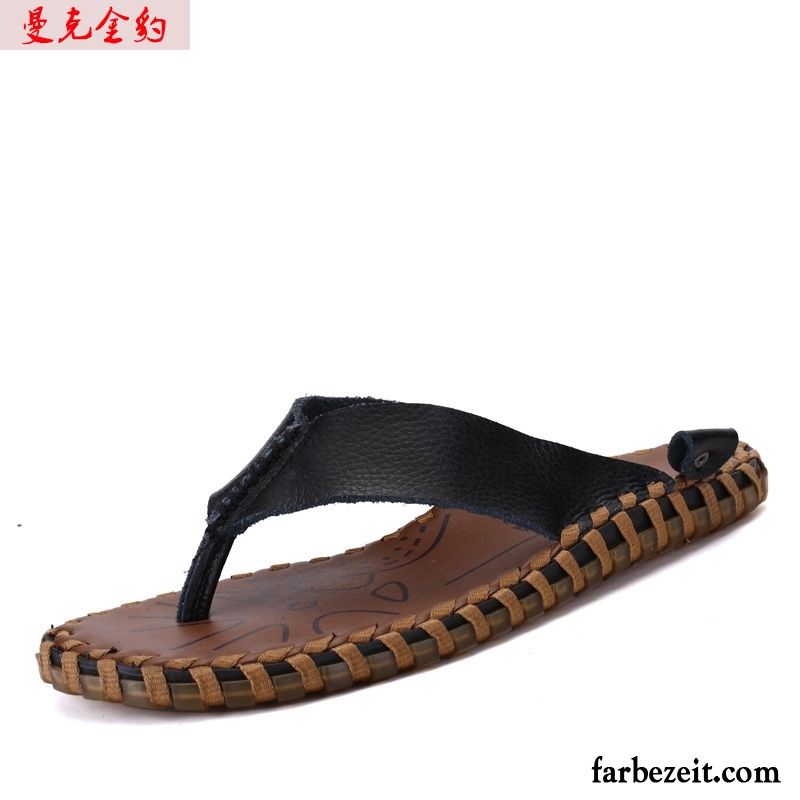 Flip Flops Herren Sommer Rutschsicher Schuhe Hausschuhe Echtleder Trend Sandfarben Schwarz