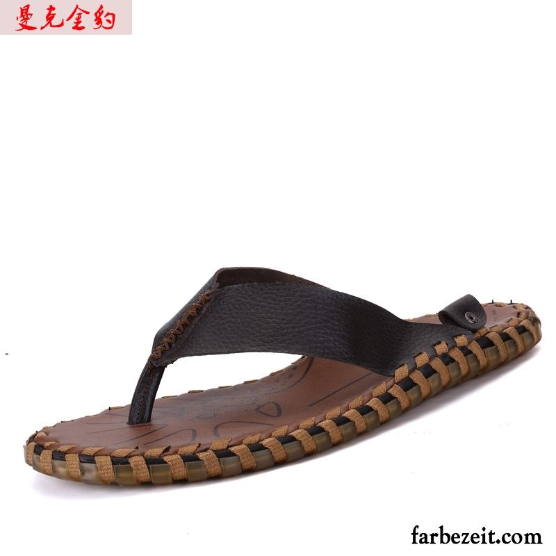 Flip Flops Herren Sommer Rutschsicher Schuhe Hausschuhe Echtleder Trend Sandfarben Schwarz