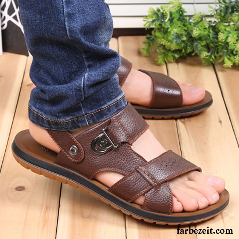 Flip Flops Schwarz Herren Strand Oxford Sohle Schuhe Echtleder Casual Hausschuhe Neue Sandalen Sommer Rutschsicher Lederschue Rabatt