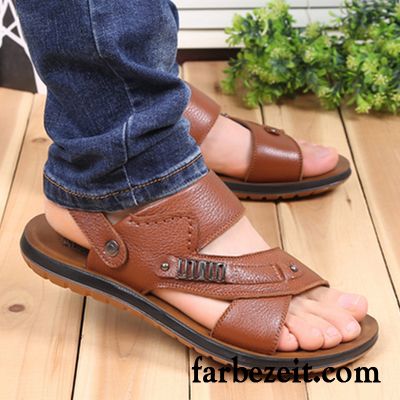 Flip Flops Schwarz Herren Strand Oxford Sohle Schuhe Echtleder Casual Hausschuhe Neue Sandalen Sommer Rutschsicher Lederschue Rabatt