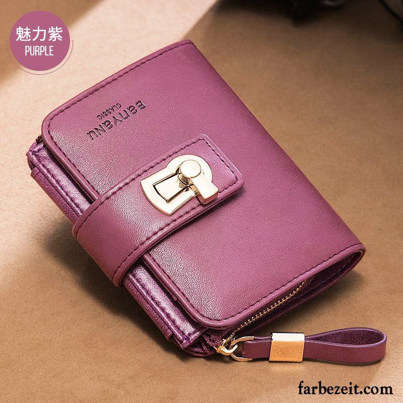 Geldbörse Damen Brieftaschen Mini Rindsleder Reißverschluss Falten Neu Purpur Lila