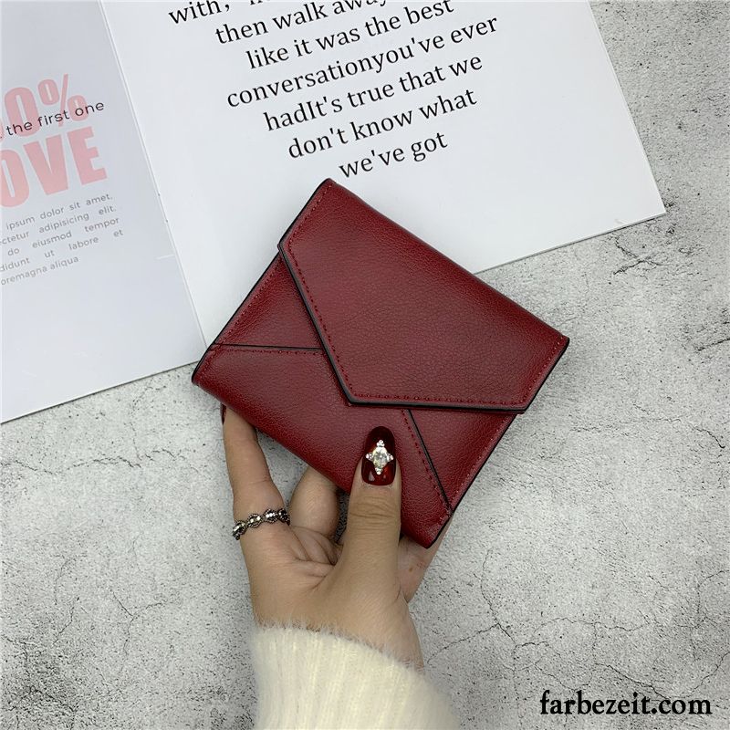 Geldbörse Damen Neu Einfach Brieftasche Kurz Schnalle Einfarbig Rot