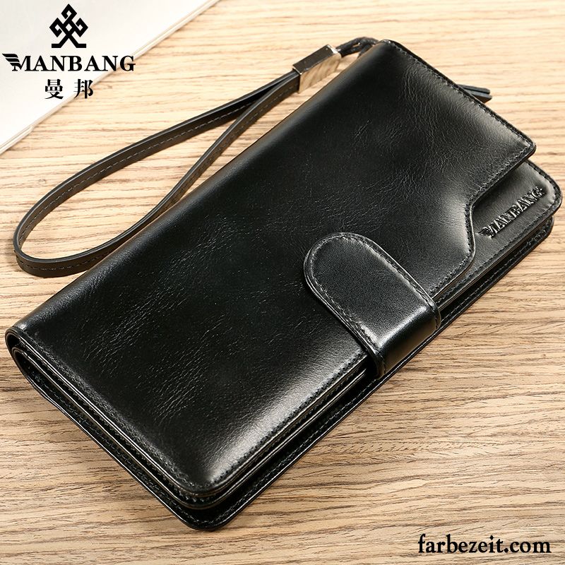 Geldbörse Herren Langer Abschnitt Rindsleder Jugend Brieftasche Echt Leder Clutch Schwarz