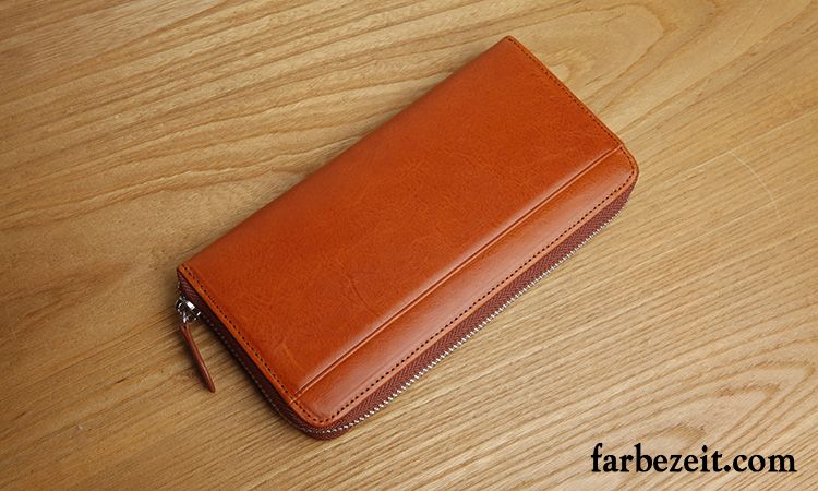 Geldbörse Herren Reißverschluss Clutch Echt Leder Original Tasche Langer Abschnitt Orange Blau Braun