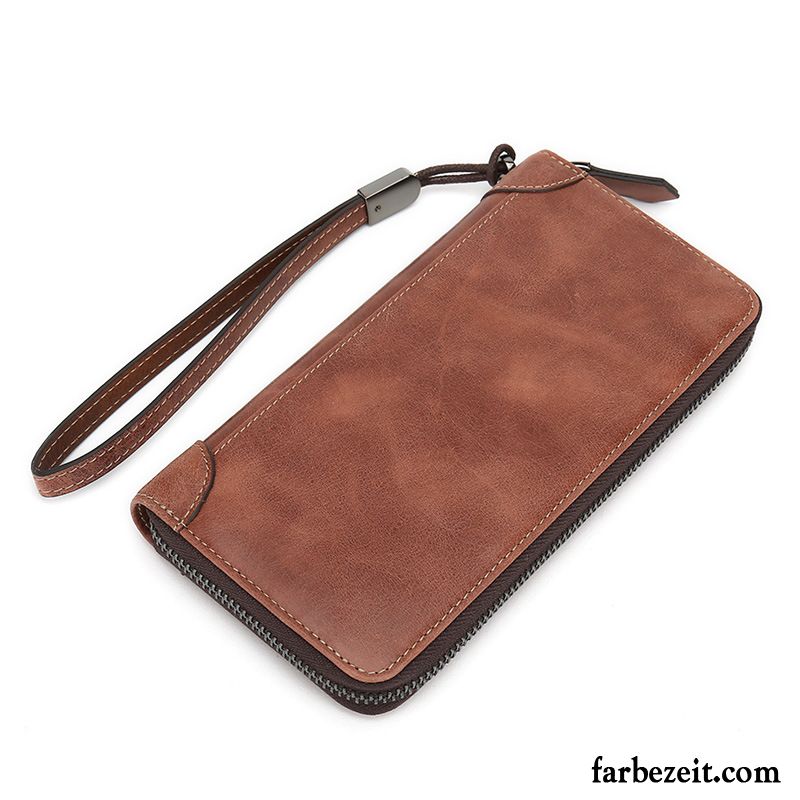 Geldbörse Herren Reißverschluss Top Leder Clutch Brieftasche Langer Abschnitt Echt Leder Braun Hell