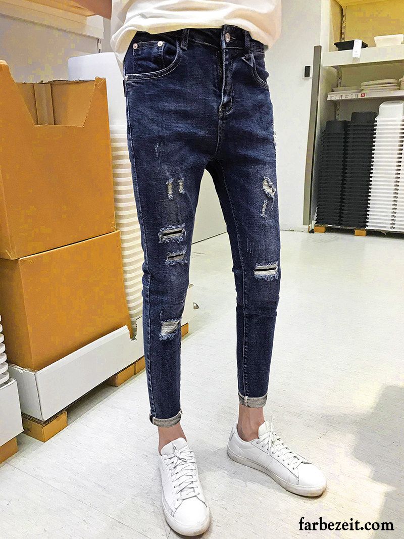 Gestreifte Jeans Herren Rand Dünn Löcher Herbst Schlank Jeans Trend Sommer Billig