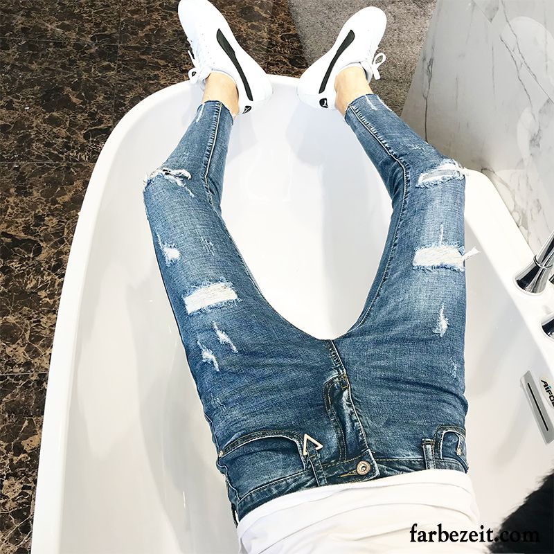 Gestreifte Jeans Herren Rand Dünn Löcher Herbst Schlank Jeans Trend Sommer Billig