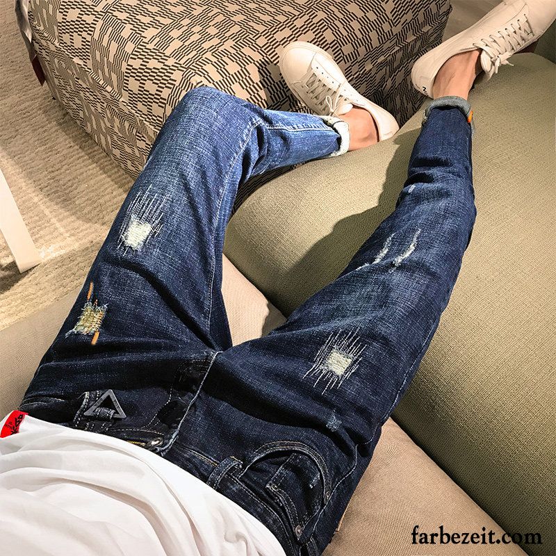 Gestreifte Jeans Herren Rand Dünn Löcher Herbst Schlank Jeans Trend Sommer Billig