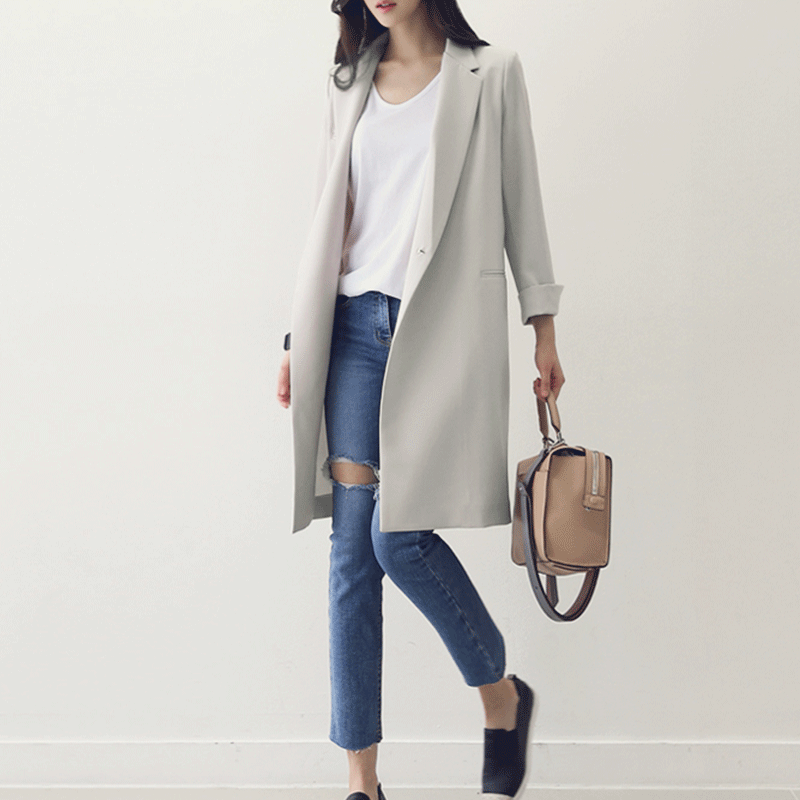 Graue Blazer Damen Anzügjacke Lange Ärmel Neu Feder Dünn Trend Langer Abschnitt Anzüge Freizeit Herbst Günstig