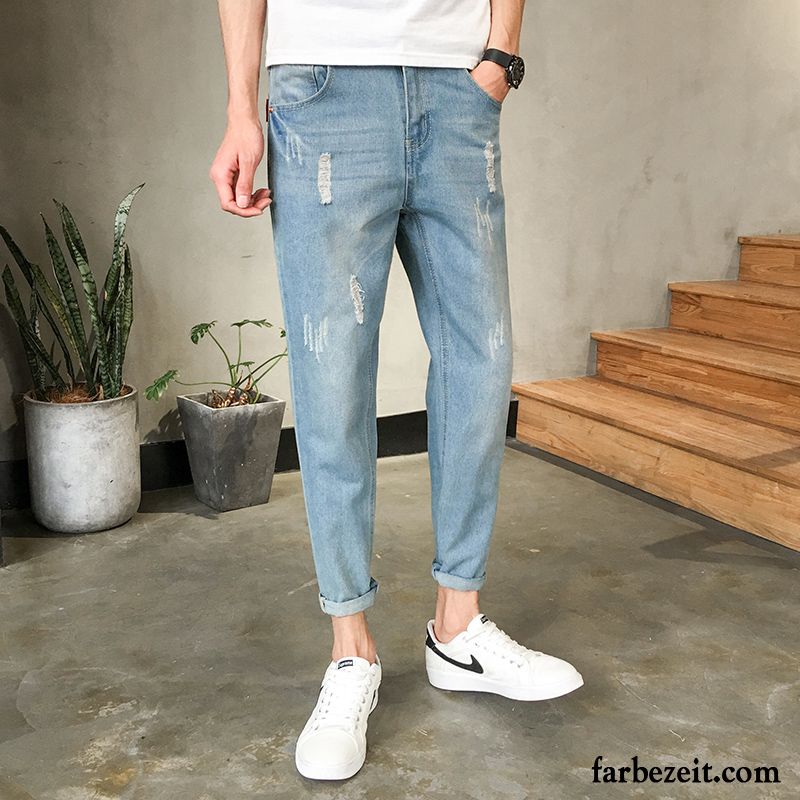 Moderne Jeans Herren Dünn Jeans Schmales Bein Schlank Löcher Hose Trend Schwarz Herbst Lose Freizeit Einfach