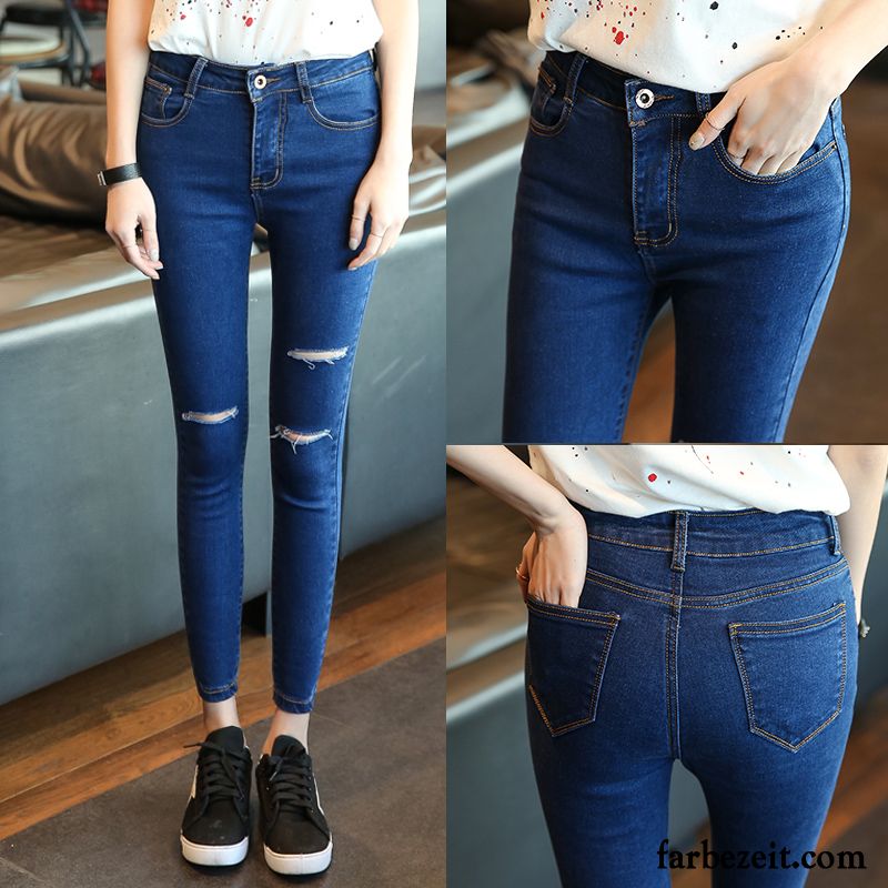 Günstige Jeans Schmales Bein Bleistift Hose Damen Herbst Schlank Winter Löcher Jeans Elastisch Hohe Taille Schwarz Günstig