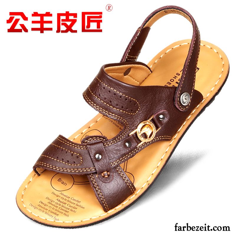 Halboffene Schuhe Herren Sandalen Strand Casual Sommer England Leder Echtleder Rutschsicher Schuhe Günstig