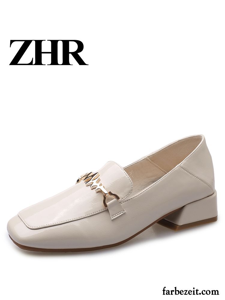 Halbschuhe Damen Feder England Vierkantkopf Schnürschuhe Lederschuhe Dick Beige Farbe Hell