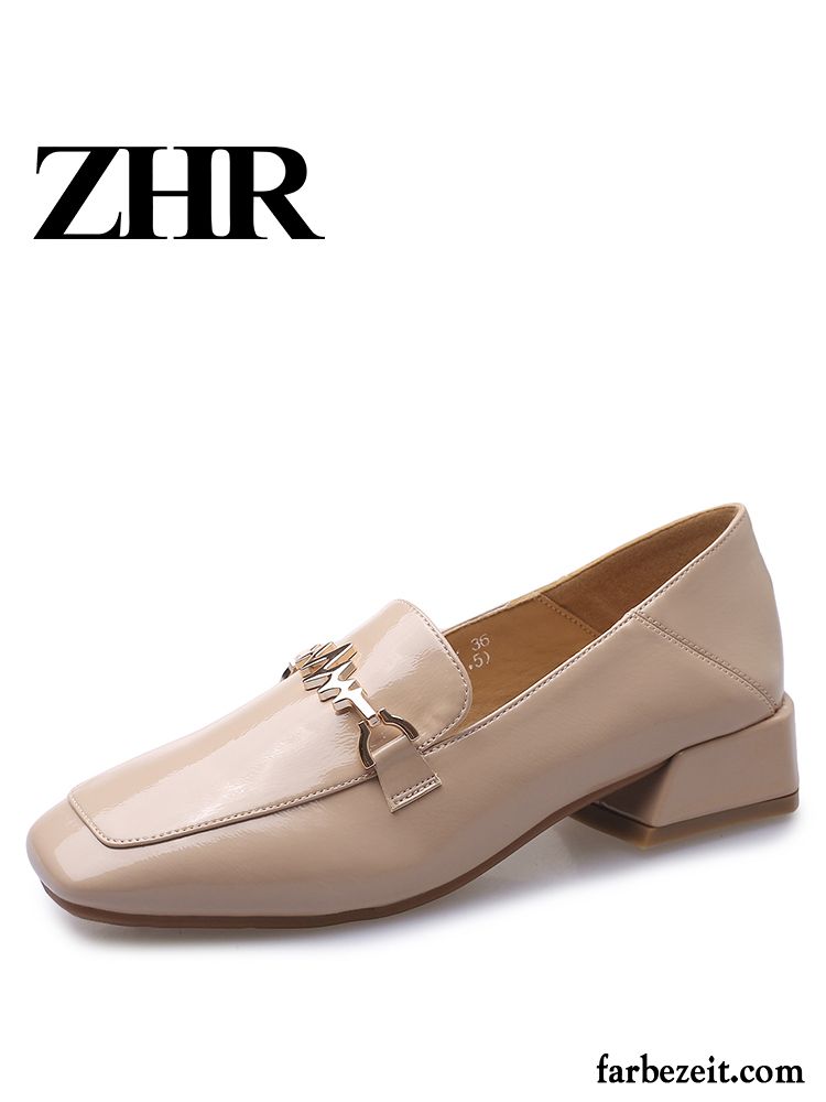 Halbschuhe Damen Feder England Vierkantkopf Schnürschuhe Lederschuhe Dick Beige Farbe Hell