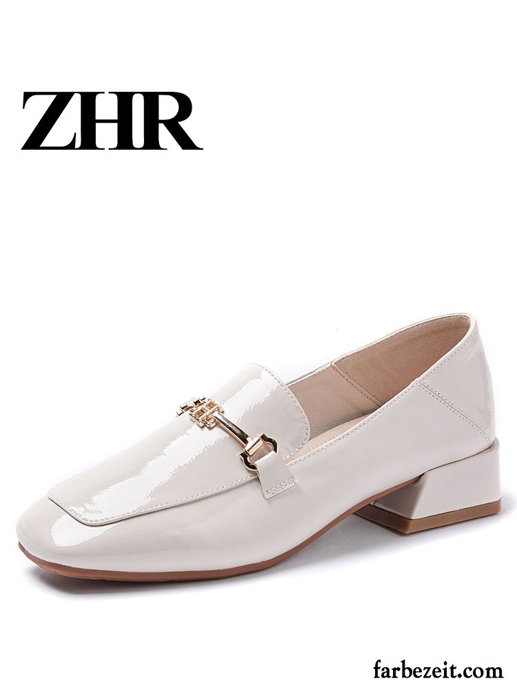 Halbschuhe Damen Feder England Vierkantkopf Schnürschuhe Lederschuhe Dick Beige Farbe Hell